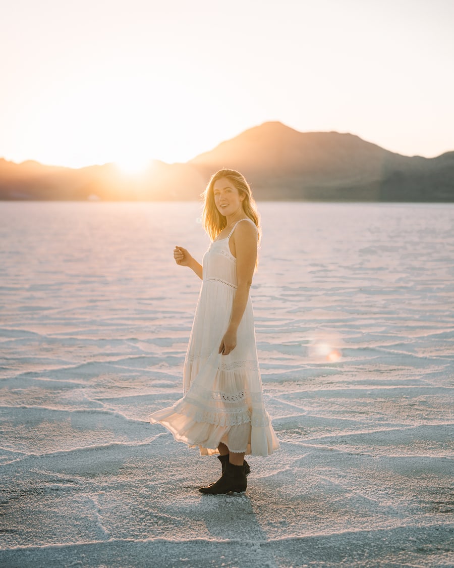 Michelle Halpern posing for Bonneville Salt Flats blog